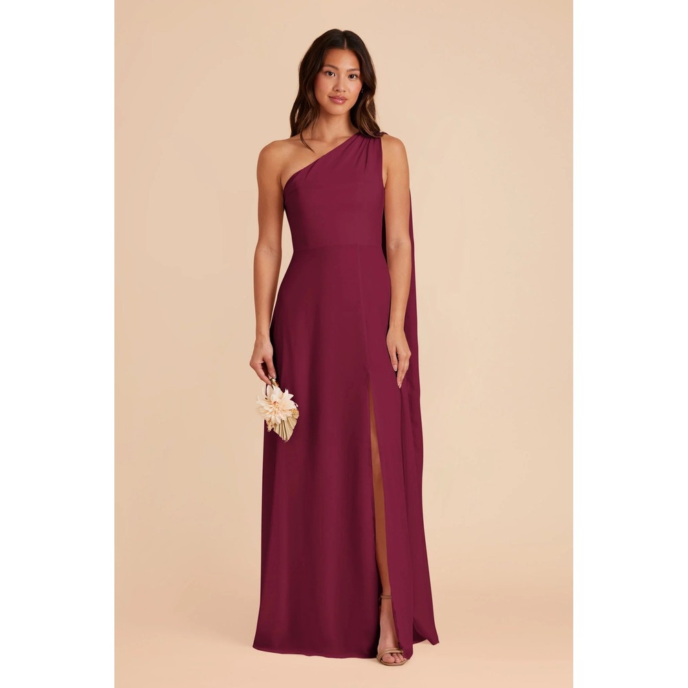 Birdy Grey Melissa Dress Berry Red Chiffon One Shoulder Bridesmaid Gown Size S